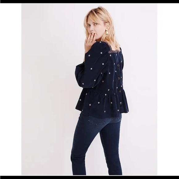 Madewell embroidered babydoll peplum corduroy top - Picture 3 of 5